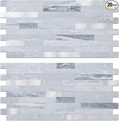 AULIGET 20 Sheets Faux Stone Peel and Stick Backsplash, Light Grey Marble Look by AULIGET