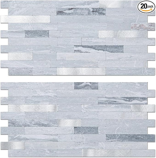 AULIGET 20 Sheets Faux Stone Peel and Stick Backsplash, Light Grey Marble Look by AULIGET