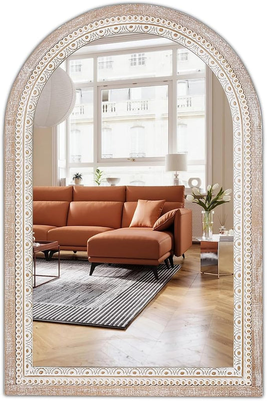 36x24 Inch Rustic Farmhouse Arched Wall Mirror, Boho Distressed Wooden Frame by ReflintoWallDecor
