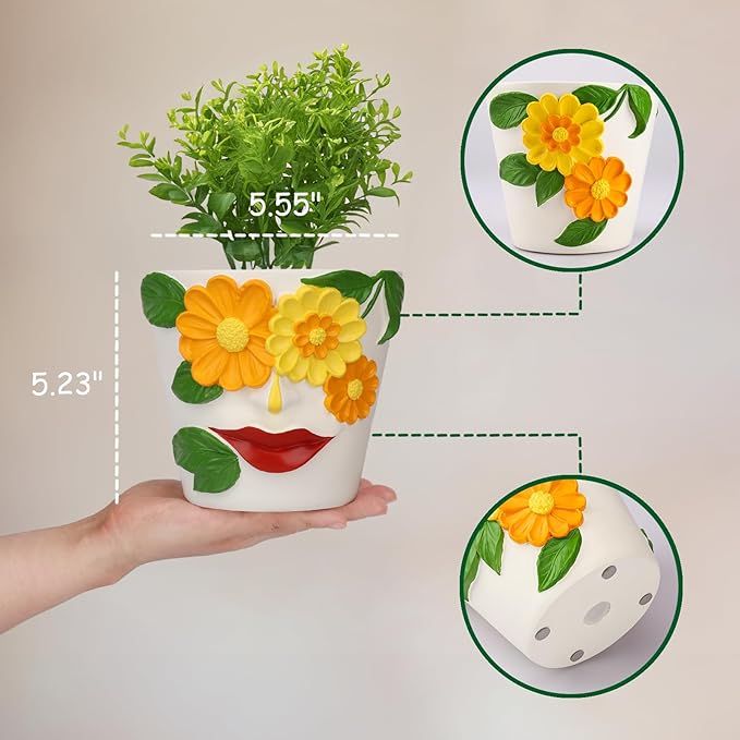 GUGUGO Flower Face Planters, Abstract Unique Head Plant Pot with Drainage, Rainbow Colorful Cute Flower Plant Pots for Indoor Plants, Funny Succulent Gardening Pot Gift Home Décor (Green&White, 5Inch)