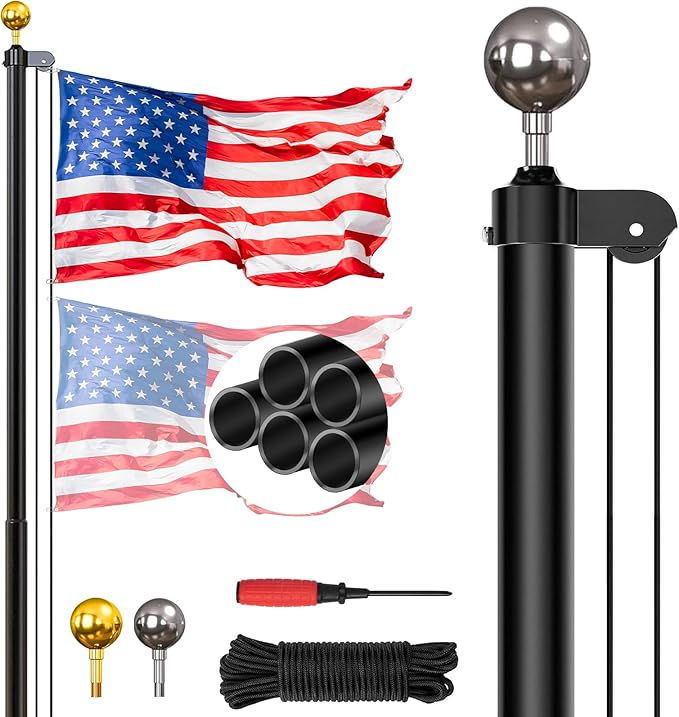 20FT Sectional Super Thick Flag Pole Kit, Heavy Duty 13 Gauge Aluminum in Ground Flagpole with 3x5 American Flag for Residential or Commercial, Black