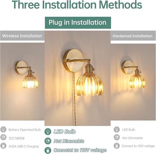 Shenmoyl Plug in Wall Sconce, Amber Tulip Glass Lampshade Wall Light Plugin - Image 2