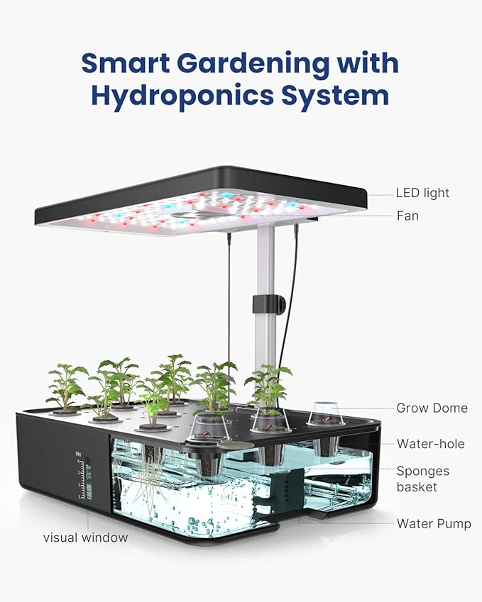 iDOO Hydroponics Growing System Kit 12Pods, Gardening Gifts for Women Mom, Indoor Herb Garden with LED Grow Light, Built-in Fan, Auto-Timer, Adjustable Height Up to 11.3", 12Pods-Black