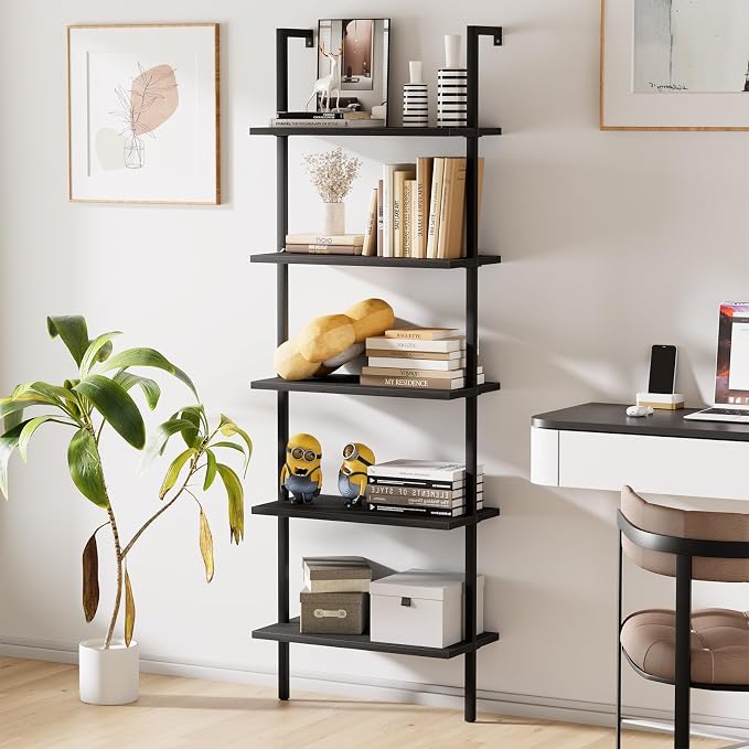 aboxoo Ladder Shelf Open 5-Tier Bookshelf Wall-Mounted Black Wood Bookcase - Image 7