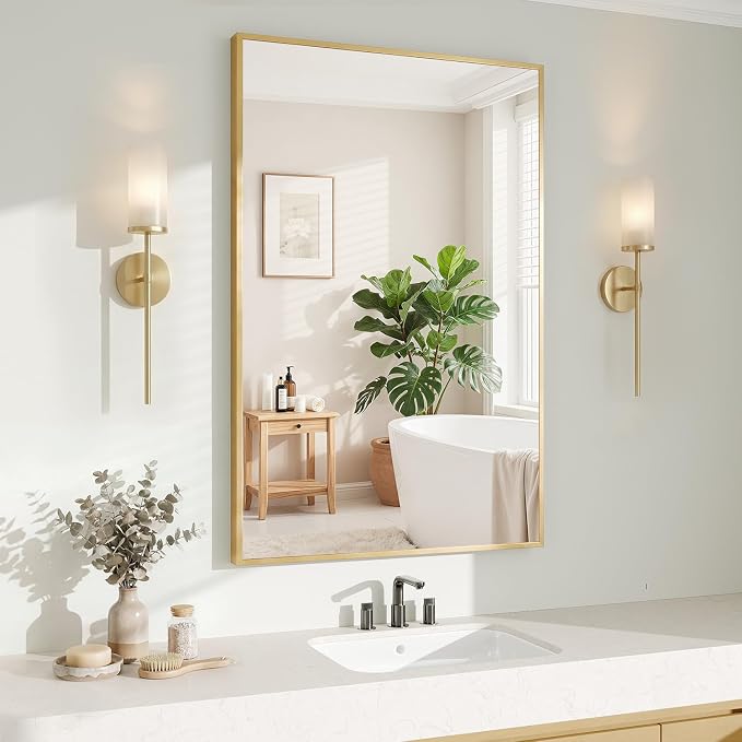 Koonmi Gold Rectangle Wall Mirror, 20x30 Inch Bathroom Mirror, Aluminum Frame by KOONMI