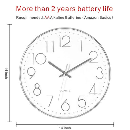 Foxtop Large Silver Wall Clock 14 Inch Silent Non-Ticking Battery Operated - Image 2