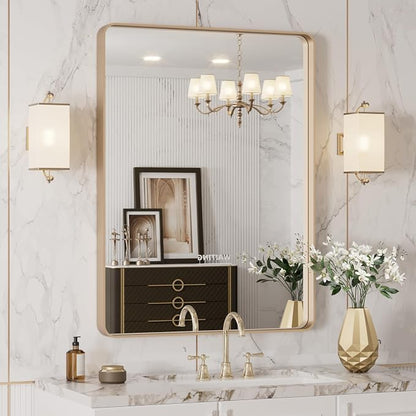 LOAAO 20”X30” Gold Bathroom Mirror, Rounded Rectangle Gold Frame Mirror - Image 4