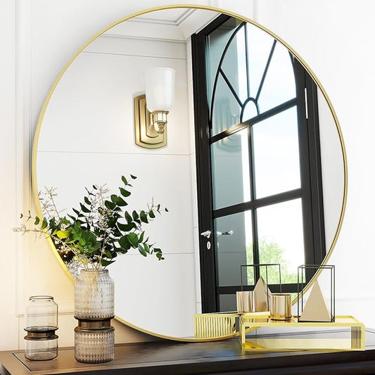 VooBang Gold Round Bathroom Mirror, 30 inch Circle Wall Mounted Hanging Mirror by VooBang