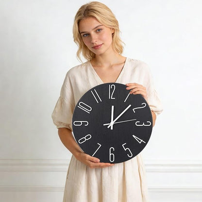 Wall Clock 12 Inch Silent Non-Ticking Imitation Wood Indoor Clock Round Black - Image 3