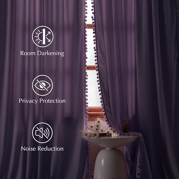NICETOWN Lilac Purple Velvet Curtains 96 Inch Length – Pom Pom Room Darkening - Image 4
