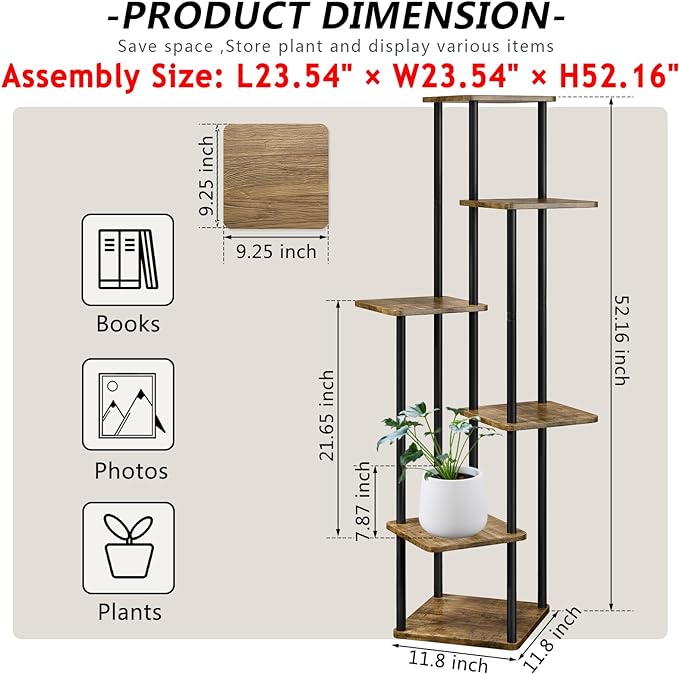 AZERPIAN Plant Stand 6 Tier Indoor Metal Flower Shelf for Multiple Plants Corner Tall Flower Holders for Patio Garden Living Room Balcony Bedroom, Black