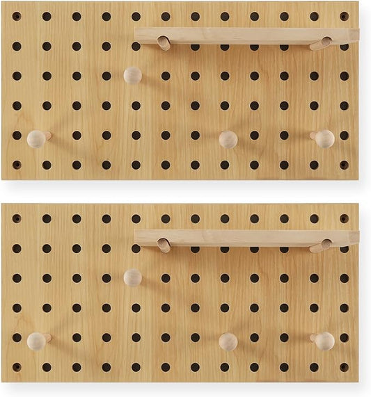 2 Pack Beige Wooden Pegboard, Modular Wall Organizer Storage Shelf - Image 2