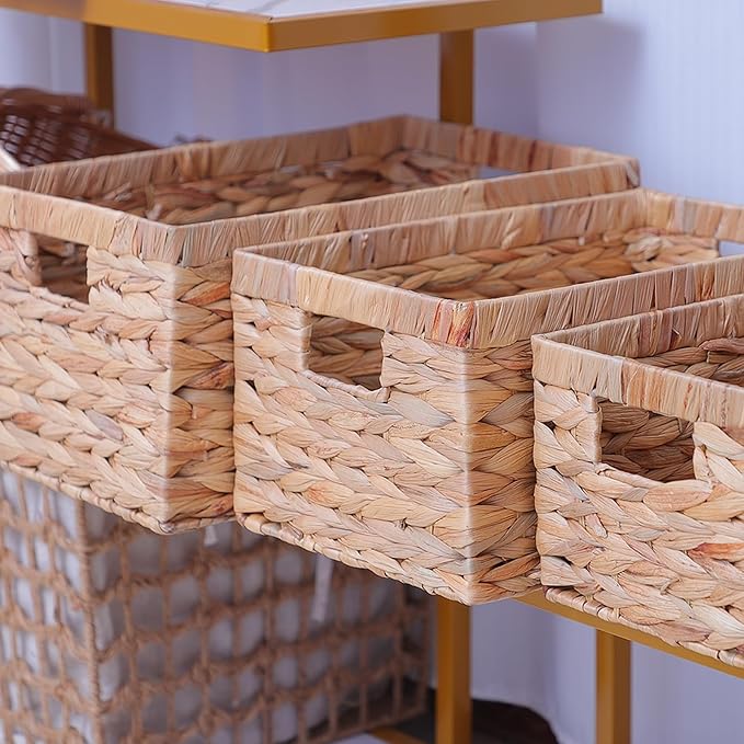 Basket Box Woven Natural Water hyacinth Rectangular with Handle,Kingwillow.(Small)