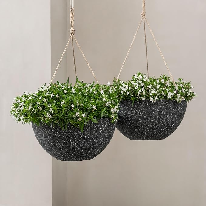 LA JOLIE MUSE Large Hanging Planters for Outdoor Plants - 13 Inch Hanging Basket for Patio Set of 2, Speckled Black
