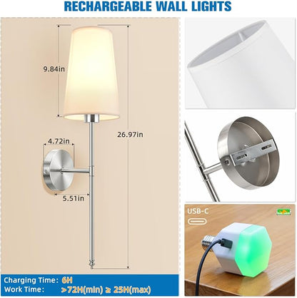 NIORSUN Brushed Nickel Battery Operated Wall Sconce Set of 2, Rechargeable Wall - Image 7