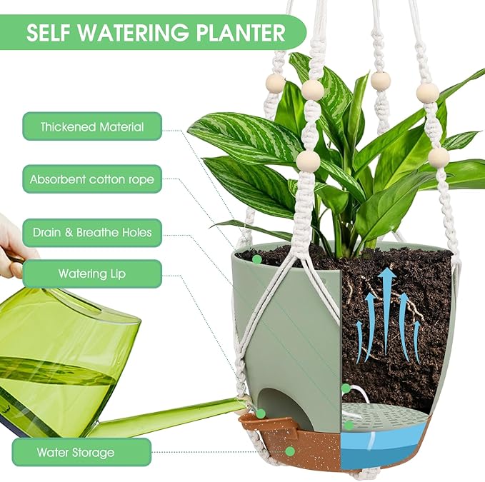 Hanging Planters for Indoor Outdoor Plants, 2 Pack Self Watering Hanging Pot with Drainage Holes, Removable Tray & 2 Kinds of Plant Hangers, 8'' Hanging Flower Pots for Home Garden Decor, Green