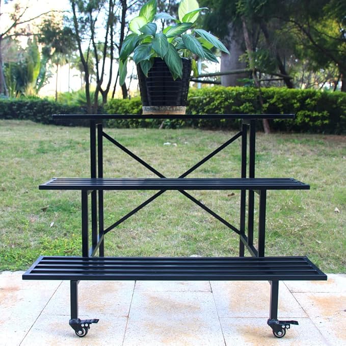 Zhongma Moving Garden Cart 3 Tier Sturdy Metal Plant Stand Heavy Duty Plant holder Garden Plant Shelf with Wheels