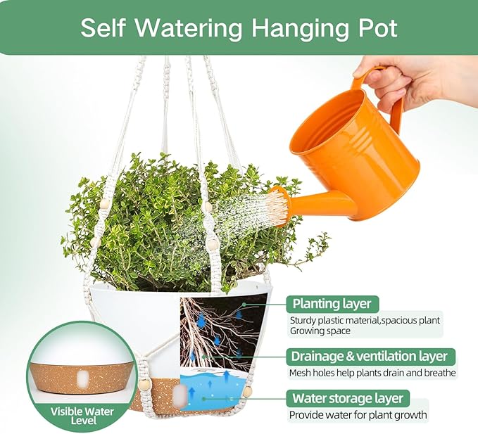 QCQHDU 2 Pack Hanging Planters for Indoor Plants, Outdoor Hanging Baskets, Self Watering Pots with Drainage Holes & Removable Tray (Dark Grey, 10 inch, Macrame Hanger)