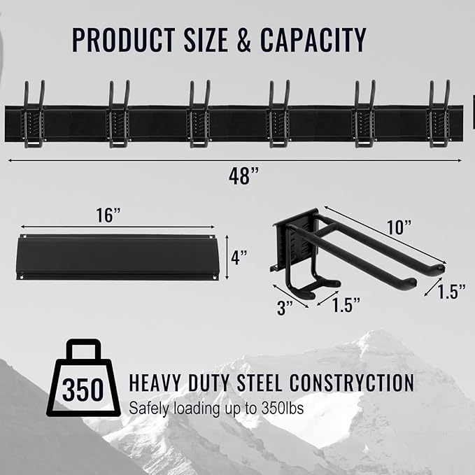 Wall Mount Tool Storage Rack, Heavy Duty Garage Storage Tool Organizer, Garden Tool Wall Hooks and Hangers, Hold Up to 350lbs Black