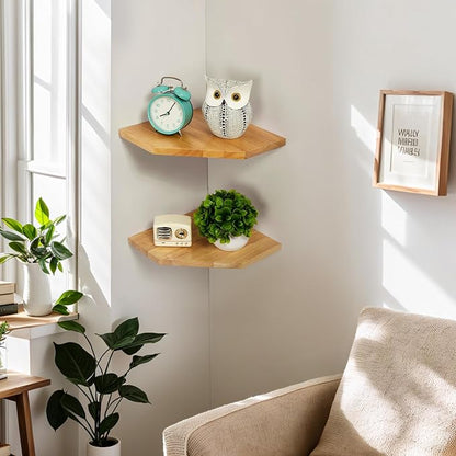 Corner Wall Shelves, Corner Floating Shelves Set of 2 Solid Oak Wood Display - Image 6