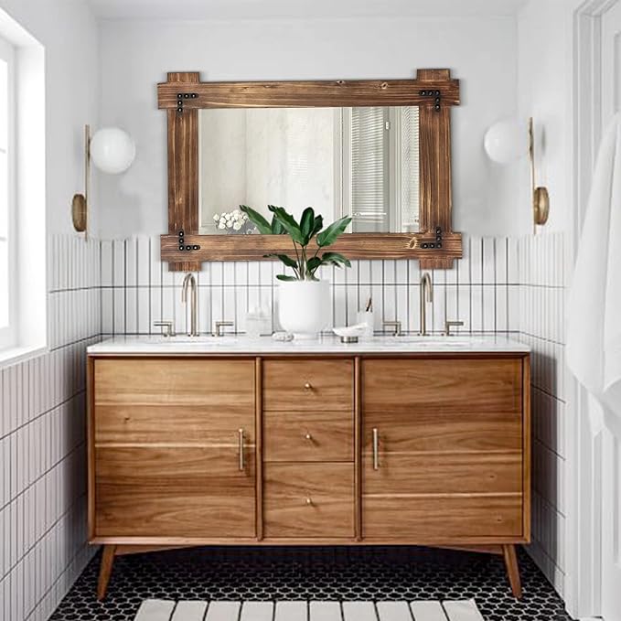 MeMoreCool Rustic Wood Mirror for Bathroom, Farmhouse Wall Mounted Vanity Mirror - Image 2