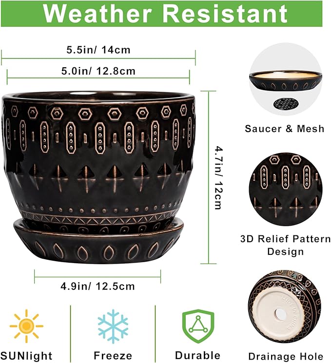 G EPGardening Ceramic Pot for Plants 5.5 Inch - Ceramic Plant Pot Indoor with Drainage Hole and Saucer, Round Boho Planter for Indoor Plants Outdoor, Housewarming Gifts, Garden Office Decor, Black