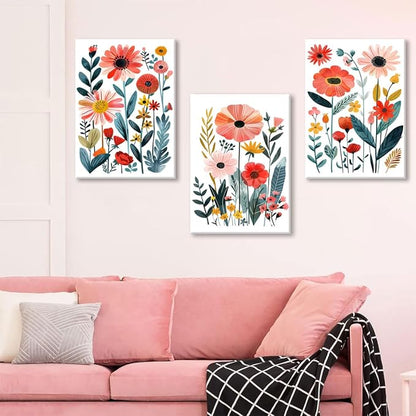 KISSFOX Framed Colorful Wildflower Canvas Wall Art Set Of 3 Flowers Pictures - Image 3