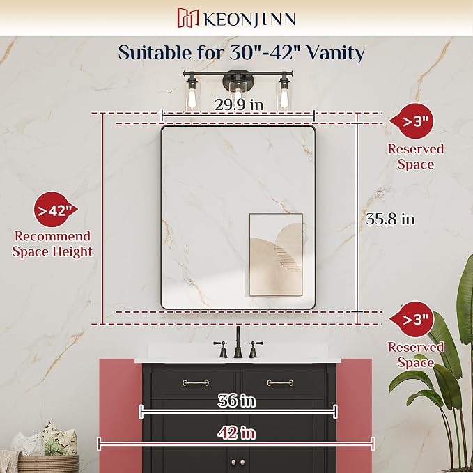 Keonjinn Black Bathroom Mirror, 30 x 36 Inch Rounded Rectangle Sandblasted - Image 5