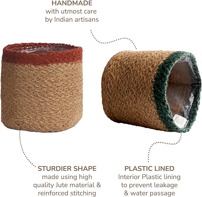 Jute Planter Basket-Woven Jute Rope Covers for Decorating Indoor/Outdoor Succulents, Small Plant Pots-Set of 4-Multi-Purpose Storage Bins 4.5 in - Modern Style Décor - Red, Green & Natural