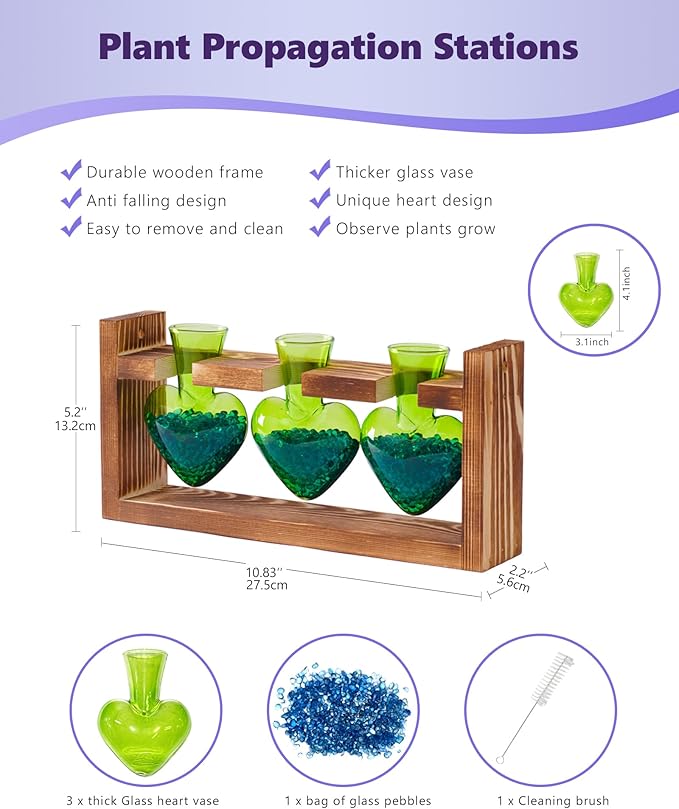 Nacome Plant Terrarium for Office Decor: Birthday Gifts for Plant Lovers Women Mom Wife - Wooden Stand Tabletop Planter 3 Bulb Glass Vase Heart Shaped for Hydroponics Indoor Home(Green)