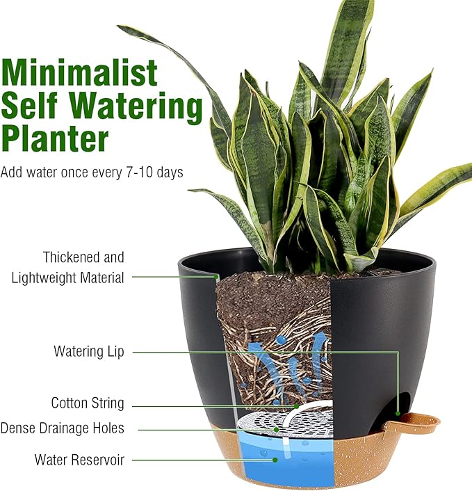 Large Self Watering Pots, 12/10/9 Plastic Planters with High Drainage Holes and Deep Reservoir for Indoor Outdoor Garden Plants and Flowers, Black with Brown