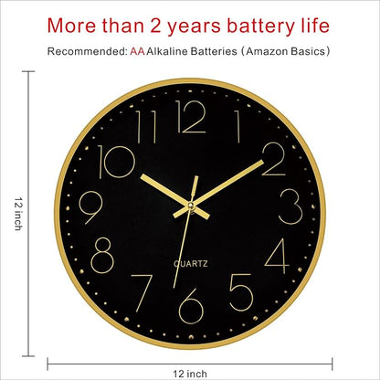 Foxtop Black Gold Wall Clock 12 Inch Silent Non-Ticking Battery Operated Round - Image 2