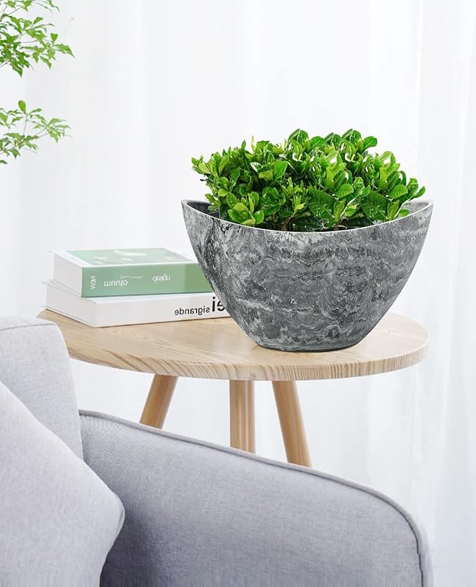 LaDoVita Plant Pots with Drainage Holes, 12 Inch Large Planters for Indoor Plants, Plastic Flower Pots Outdoor, 2 Pack, Marble Pattern Grey