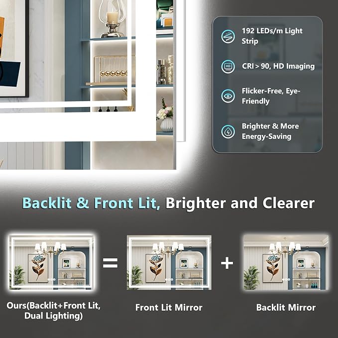 50x40 LED Bathroom Mirror with Lights, Backlit and Front Lit Anti-Fog Lighted - Image 3