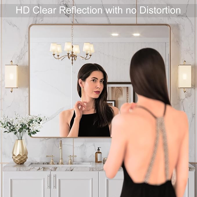 LOAAO 40"X32" Gold Bathroom Mirror, Rounded Rectangle Gold Frame Mirror - Image 2