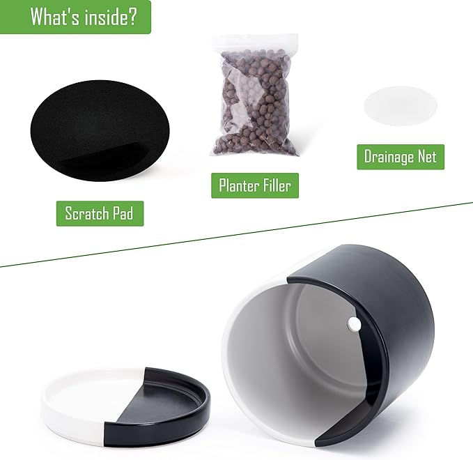 D'vine Dev 8.2 Inch Ceramic Planter Pot with Drainage Hole and Saucer, Indoor Cylinder Round Planter Pot, Split Monochrome Black & White, 94-O-D-0