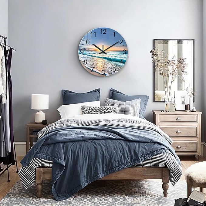 Blue Beach Wall Clock for Bedroom Glass Wall Clocks Battery Operated 12 Inch - Image 2