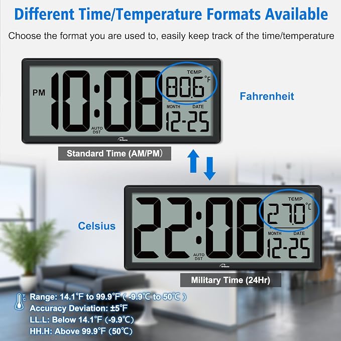 WallarGe Backlight Digital Wall Clock Battery Operated - - Image 6