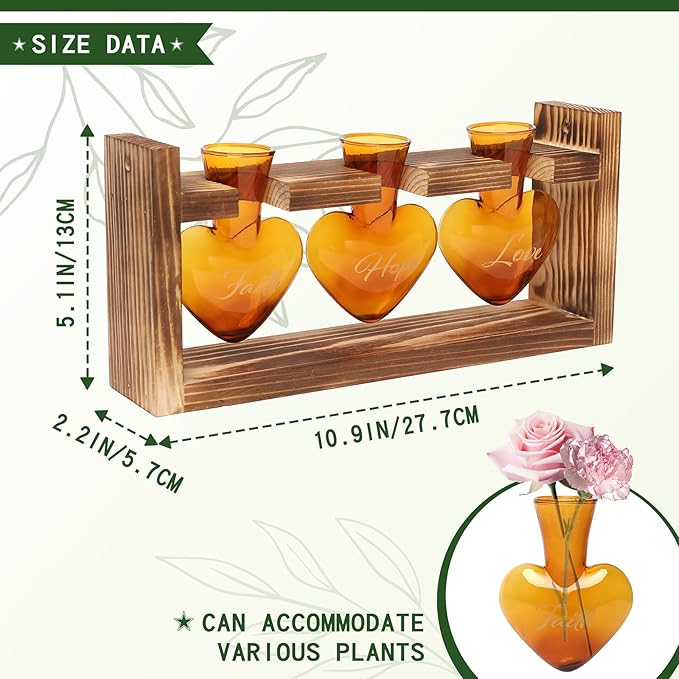 Plant Terrarium Propagation Stations Faith Hope Love Hydroponics Home Garden Decoration Gift for Women with Wooden Stand Heart Shaped Colored Glass Vase