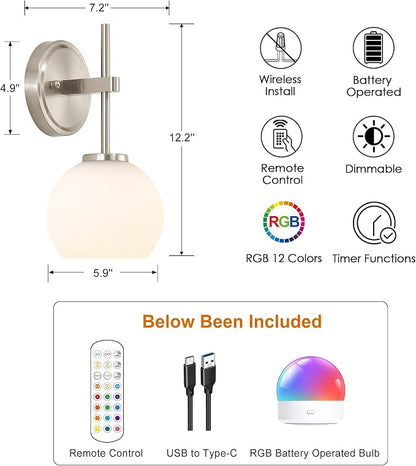 Brushed Nickel Battery Operated Wall Sconce Set of 2, Wireless Rechargeable - Image 2