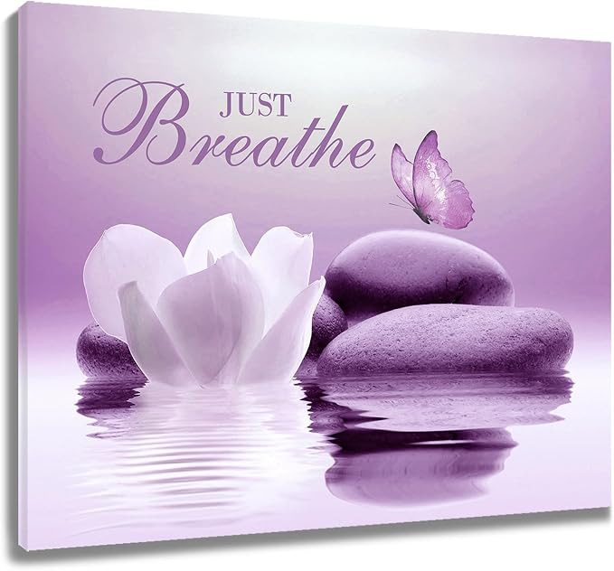 EOBTAIN Zen Framed Wall Art 20x16 Inches Purple Butterfly and Flower Stone by EOBTAIN