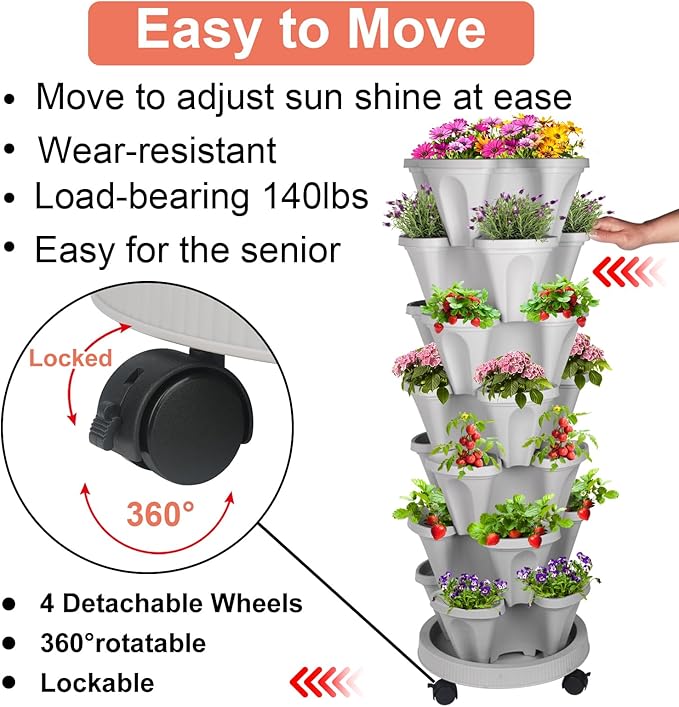 Vertical Planter 7 Tier Stackable Planters Garden Planters Strawberry Herb Flower and Vegetable Planter Indoor Outdoor Gardening Pots with Removable Wheels and Tools