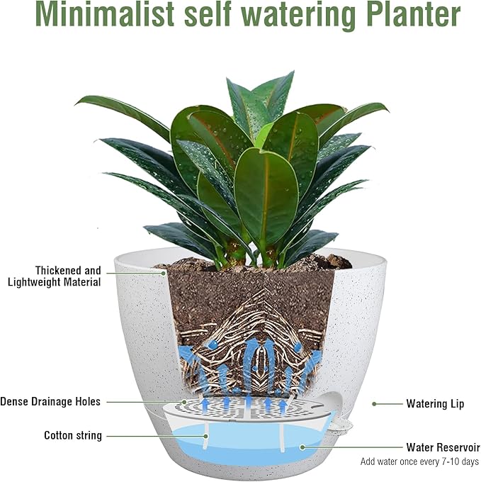 12 inch Large Self Watering Pots for Indoor Outdoor Plants, Plant Pots with Mesh Drainage Holes for Garden House Plants, Plastic Planters with Reservoir for Flower, Speckled White