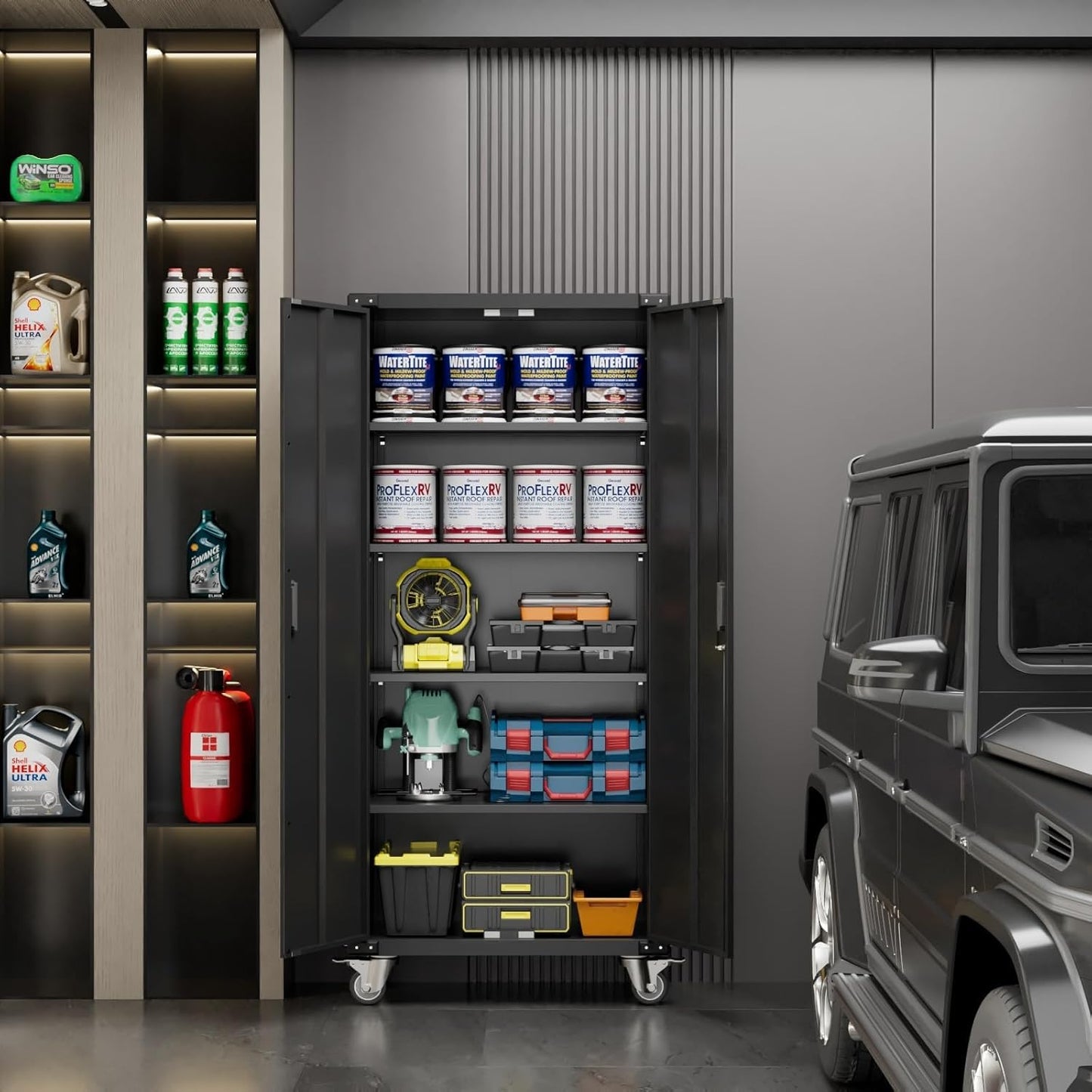72" H Metal Storage Cabinet with 2 Doors and 4 Adjustable Shelves, Garage Storage Cabinet with Wheels for Garage Home, Required-Assembly,Black