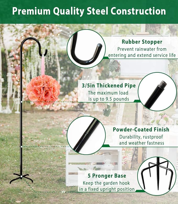 Artibear Adjustable Outdoor Shepherd Hook Stand with 5 Prong Base, 108 Inches Tall 3/5 in Thick, Shiny Black (2 Packs)