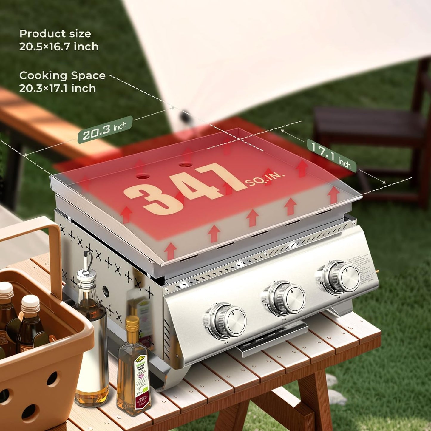 R.W.FLAME 3-Burner Tabletop Propane Gas Grill Stainless Steel Portable Outdoor Griddle,24,000 BTU Compact Flat Top Camping BBQ Grill,347 Sq. In. Cooking Area