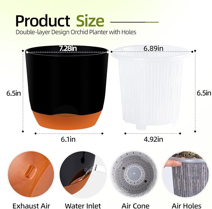 QCQHDU 2 Pack Orchid Pots with Holes for Repotting, Double-Layer and Self Watering Orchid Pot with Good Air Circulation