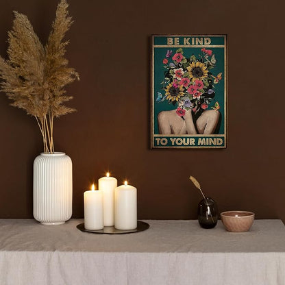 DIHSIEG Floral Canvas Wall Art Be Kind to Your Mind Vintage Poster Rimless - Image 5