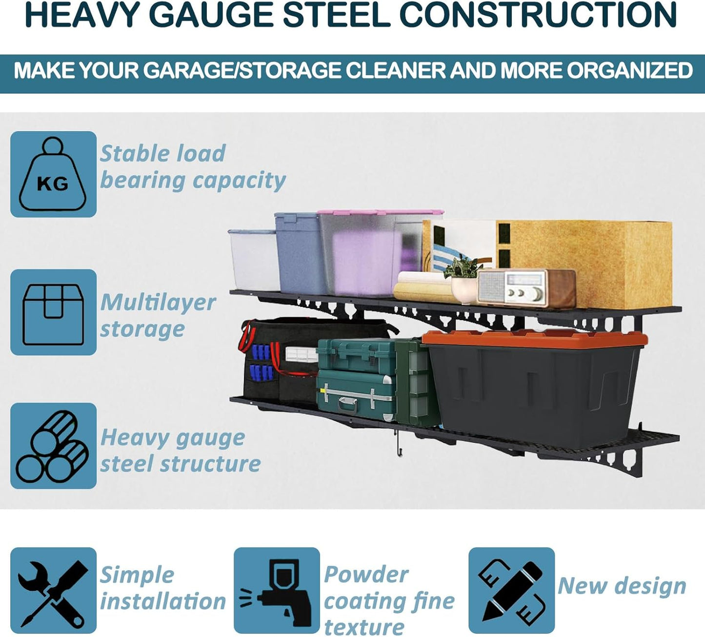 New 4 Pack Garage Wall Shelving, Heavy Duty 1.5' x 3.8' Wall Mount Storage Shelf with Hooks, Garage Storage Rack Floating Shelves, Holds 250 lbs Each