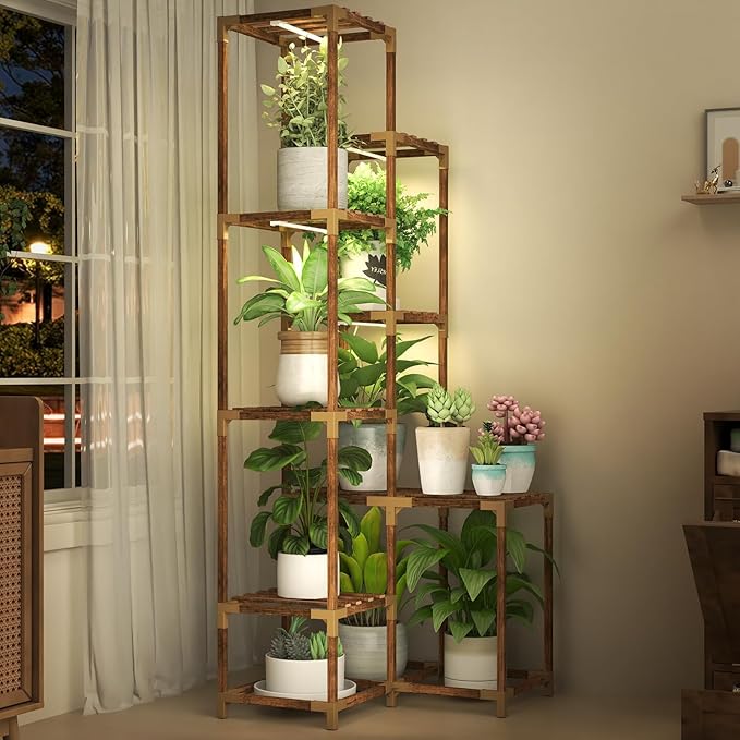 HOMKIRT Tall Corner Plant Stand with Grow Lights, Plant Shelf Indoor for Multiple Plants, Wood Plant Ladder Rack Holder Display Flower Stand for Living Room Balcony